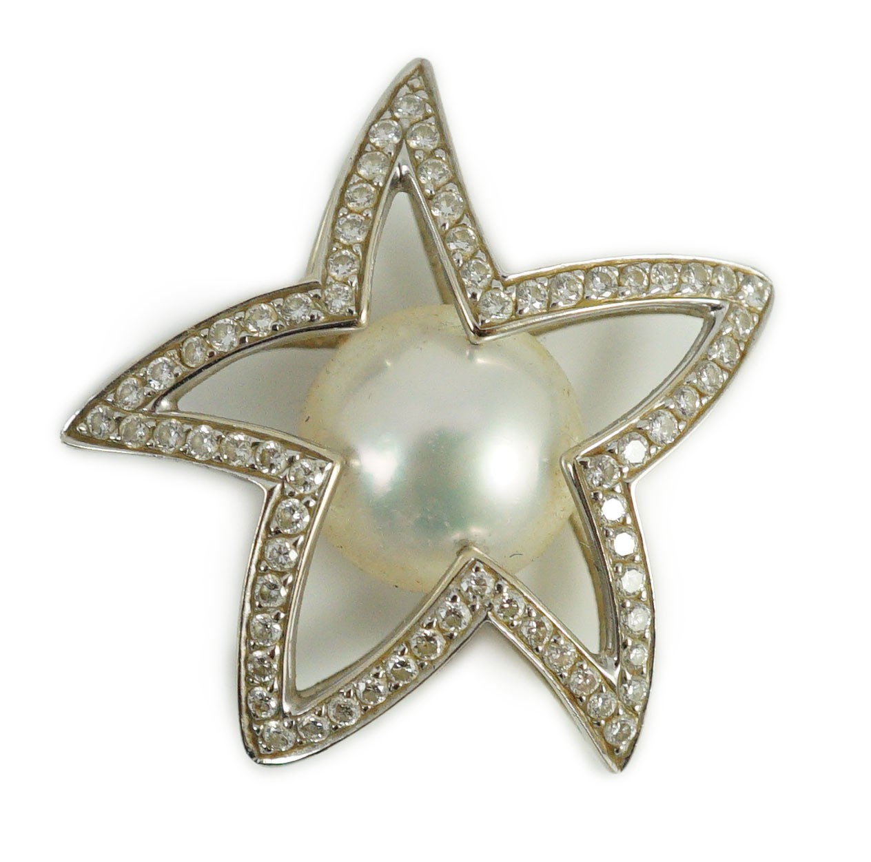 A modern Australian Kailis 18k white gold, single stone South Sea pearl and diamond chip cluster set 'Icon Star' pendant